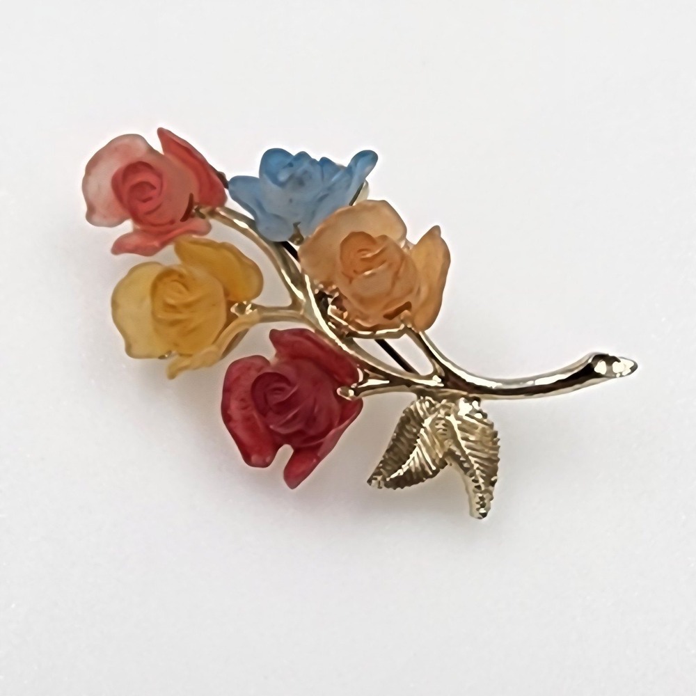Vintage Multicolor Frosted Rose Bouquet Brooch Gold Tone Floral Pin 2.75"